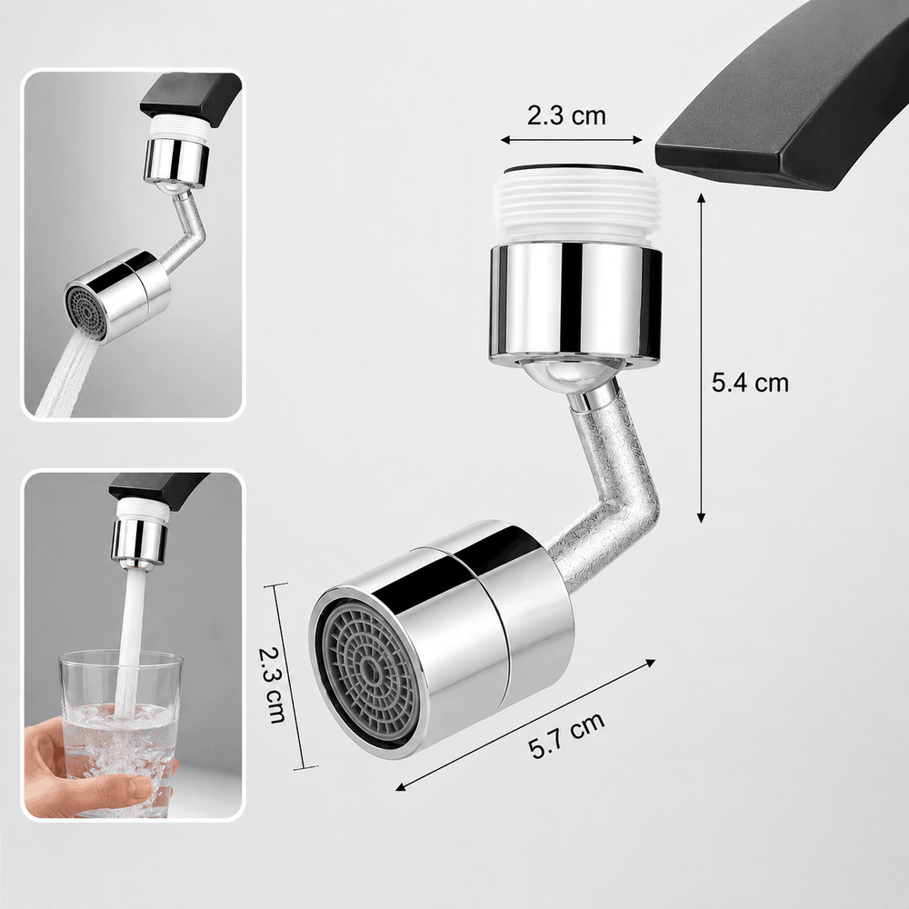 Chrome kitchen faucet with water flow demonstration and dimensions on a white background