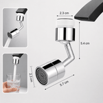 Chrome kitchen faucet with water flow demonstration and dimensions on a white background