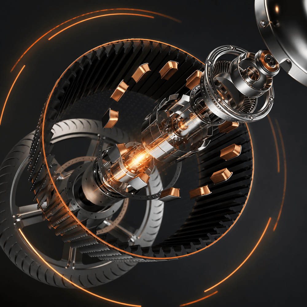 Close-up of a mechanical gear system with glowing components on a dark background
