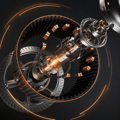 Close-up of a mechanical gear system with glowing components on a dark background