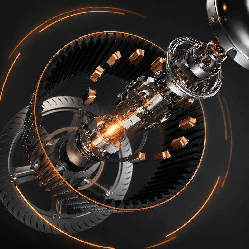 Close-up of a mechanical gear system with glowing components on a dark background