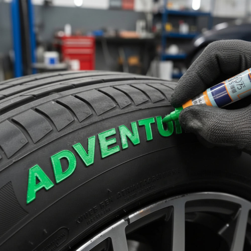 Close-up of a tire with 'Adventura' branding, held by a gloved hand in a workshop setting. At Aezoon