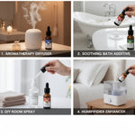 Collage of a diffuser, bottle, and other items with text indicating uses. At Aezoon