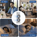Collage of a person working in an office, a person working at a desk, a person sleeping in a bedroom, and a child sleeping with a teddy bear. The central focus is on a white dual-fan device.