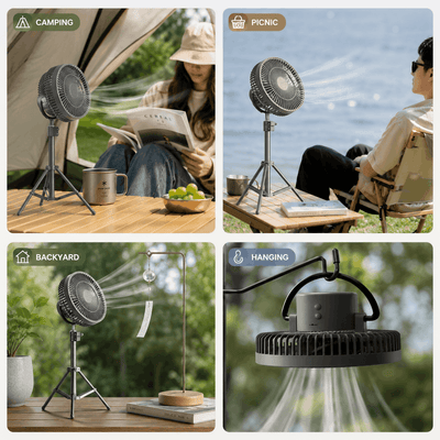 Collage of a portable fan in various settings including camping, picnic, backyard, and hanging.