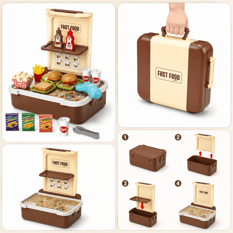 Collage of a toy fast food set with a suitcase, including fast food-themed items and assembly steps.