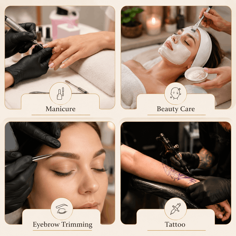 Collage of beauty treatments including manicure, beauty care, eyebrow trimming, and tattoo.