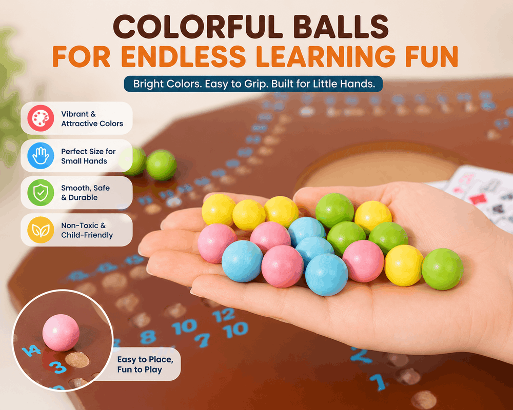 Colorful balls held in a hand with educational game board in the background