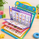 Colorful educational book for children on a wooden surface with toys around