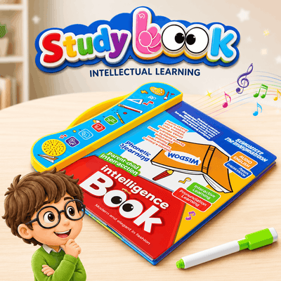 Colorful educational book with cartoon character and text on a wooden surface