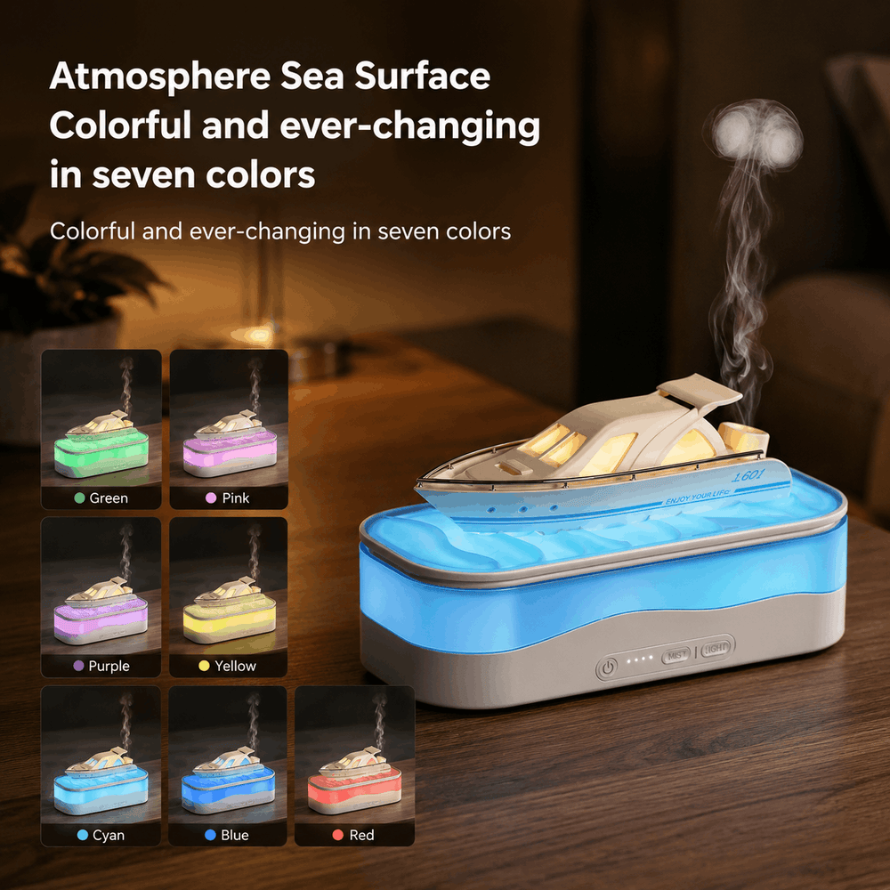 Colorful humidifier with changing colors on a wooden surface