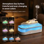 Colorful humidifier with changing colors on a wooden surface