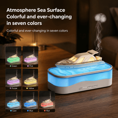Colorful humidifier with changing colors on a wooden surface