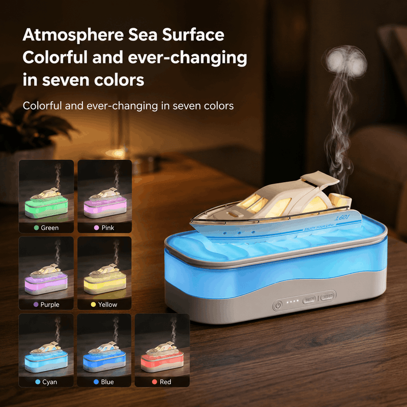 Colorful humidifier with changing colors on a wooden surface