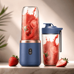 Compact portable blender with cup showing self-cleaning and automatic pulp ejection features