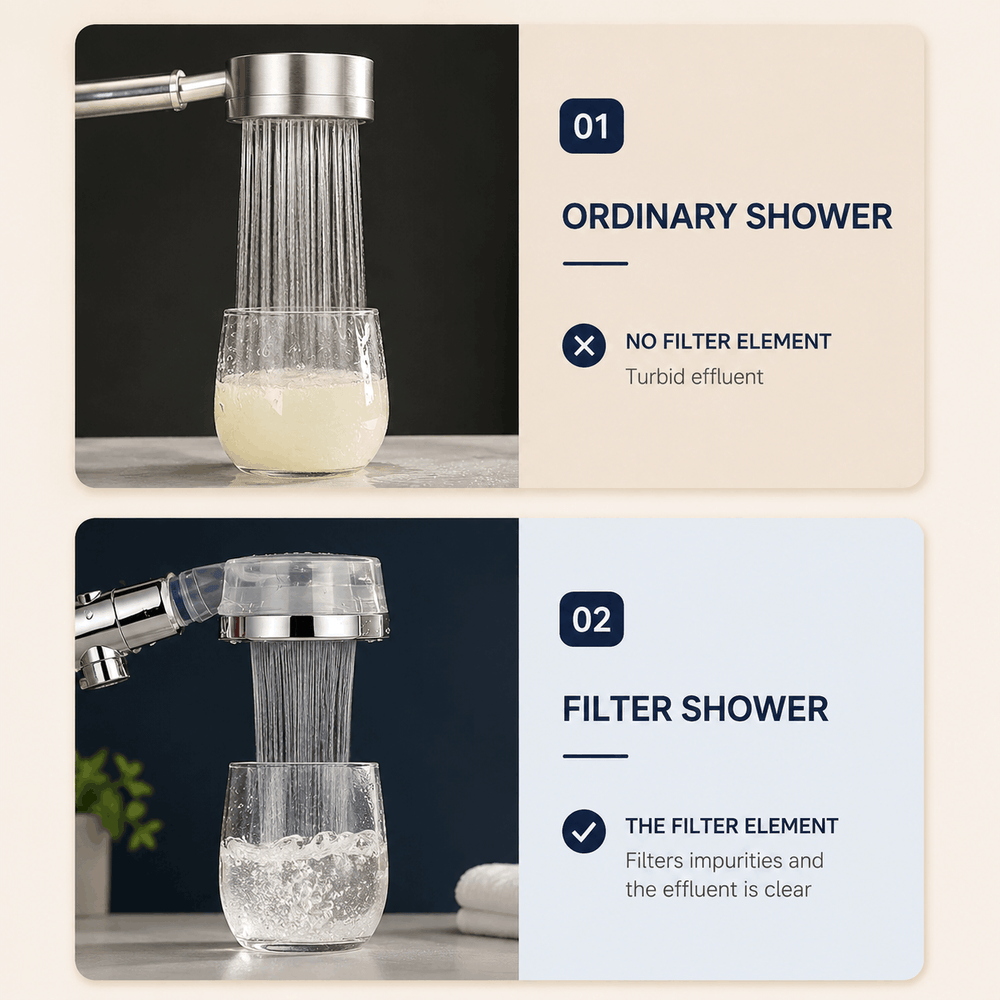 Comparison of ordinary and filter shower heads with water flow into glasses.