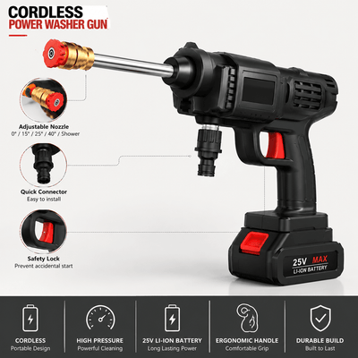 Cordless power washer gun with 25V Li-ion battery and adjustable nozzle
