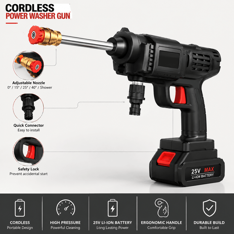 Cordless power washer gun with 25V Li-ion battery and adjustable nozzle