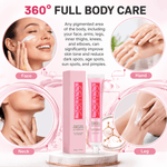 Cosmetic product packaging with application examples on a white background