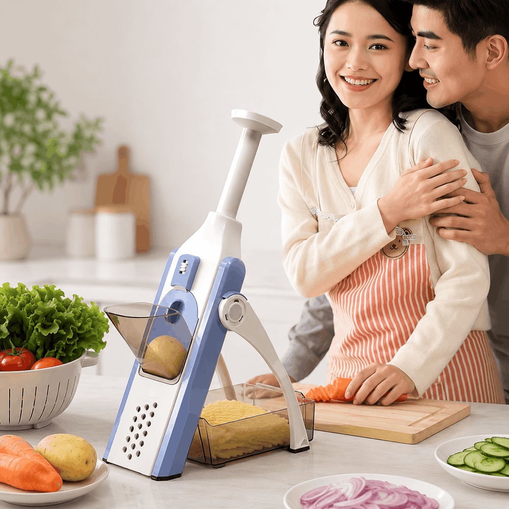 Couple in a kitchen with a vegetable peeler and vegetables on a table.