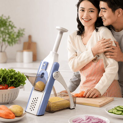 Couple in a kitchen with a vegetable peeler and vegetables on a table.