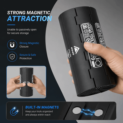 Cylindrical tool kit case featuring a strong magnetic closure for secure storage