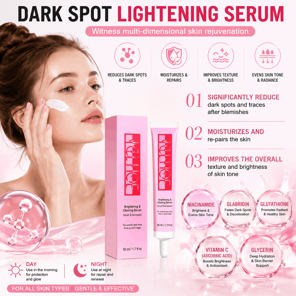 Dark spot lightening serum with product packaging and benefits on a pink background