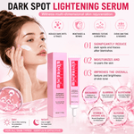 Dark spot lightening serum with product packaging and benefits on a pink background