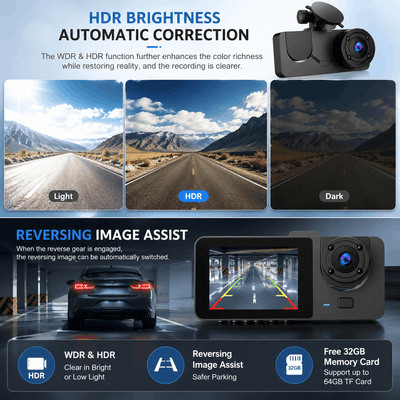 Dashboard camera with HDR brightness correction and reversing image assist features.