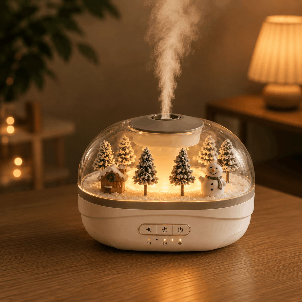 Decorative humidifier with Christmas scene on a wooden table