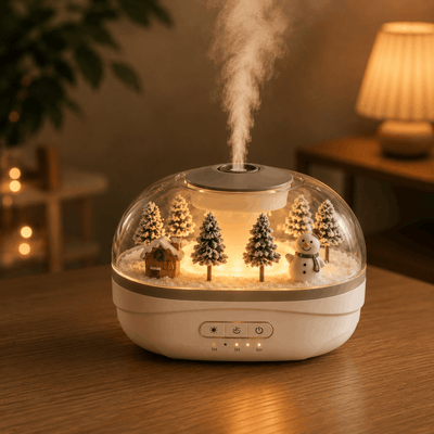 Decorative humidifier with Christmas scene on a wooden table