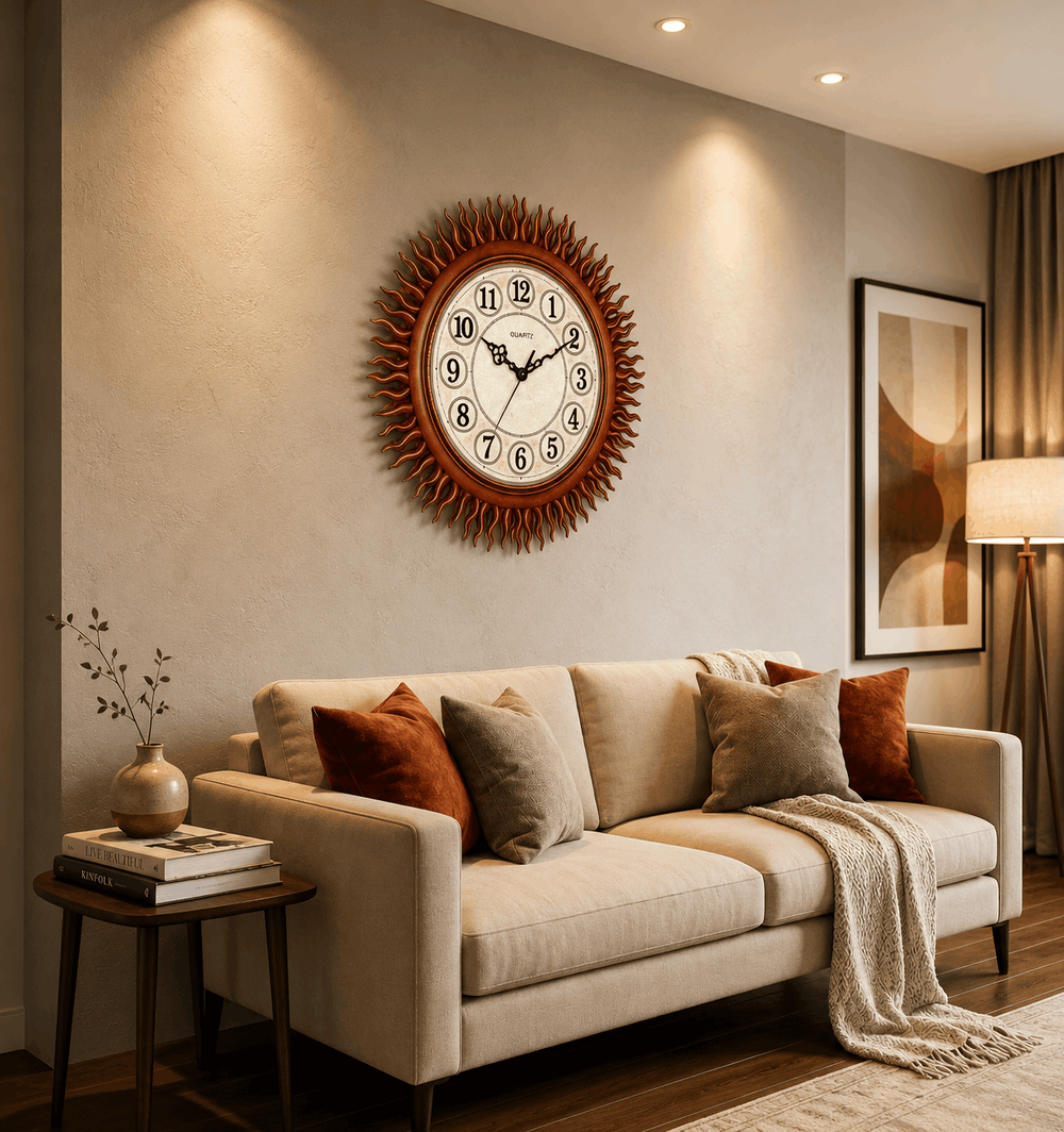 Decorative wall clock on a wall above a sofa in a living room setting.
