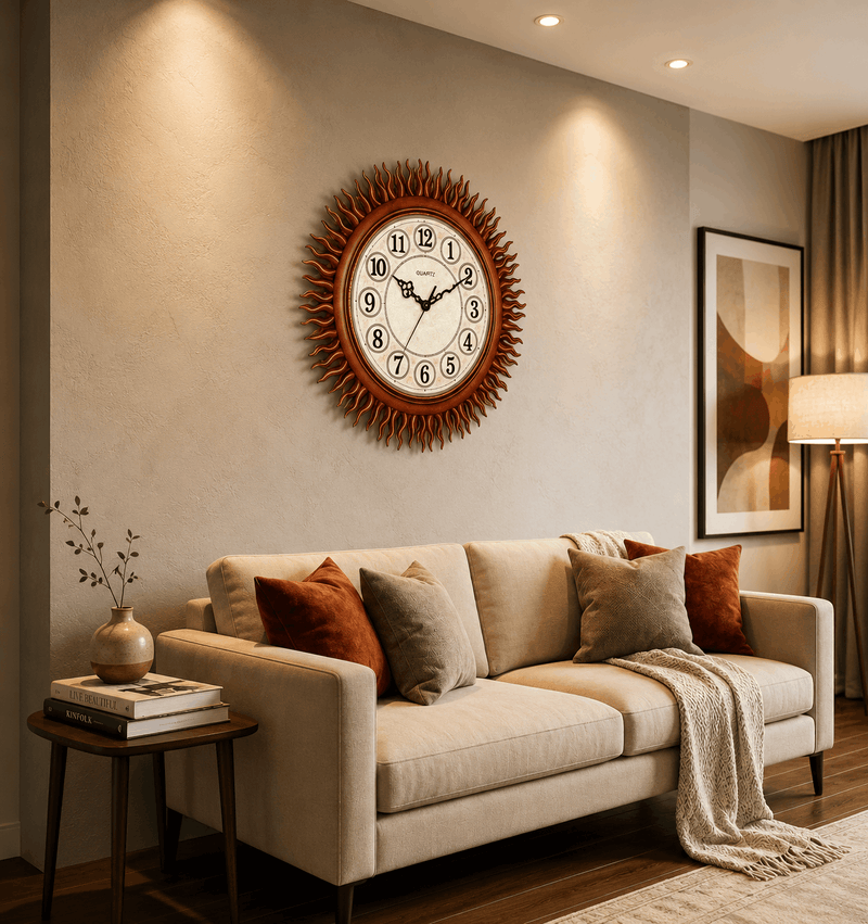 Decorative wall clock on a wall above a sofa in a living room setting.