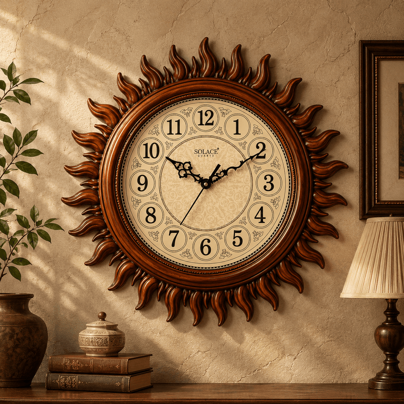 Decorative wall clock with sunburst design on a wall with a lamp and books in the background.