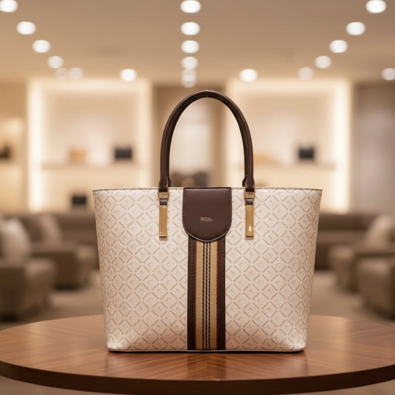 Designer handbag on a wooden table with a blurred background At Aezoon