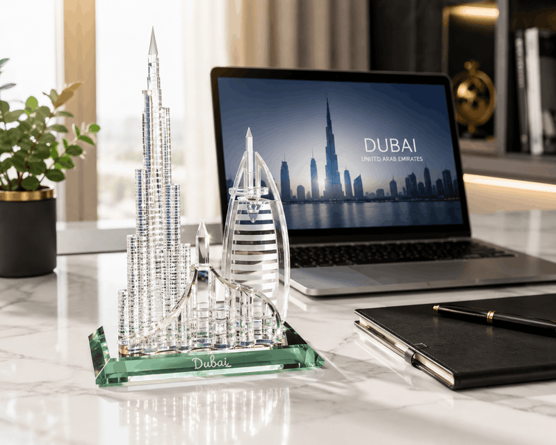 Dubai skyline crystal souvenir featuring Burj Al Arab and Burj Khalifa miniatures on a multicolor reflective base