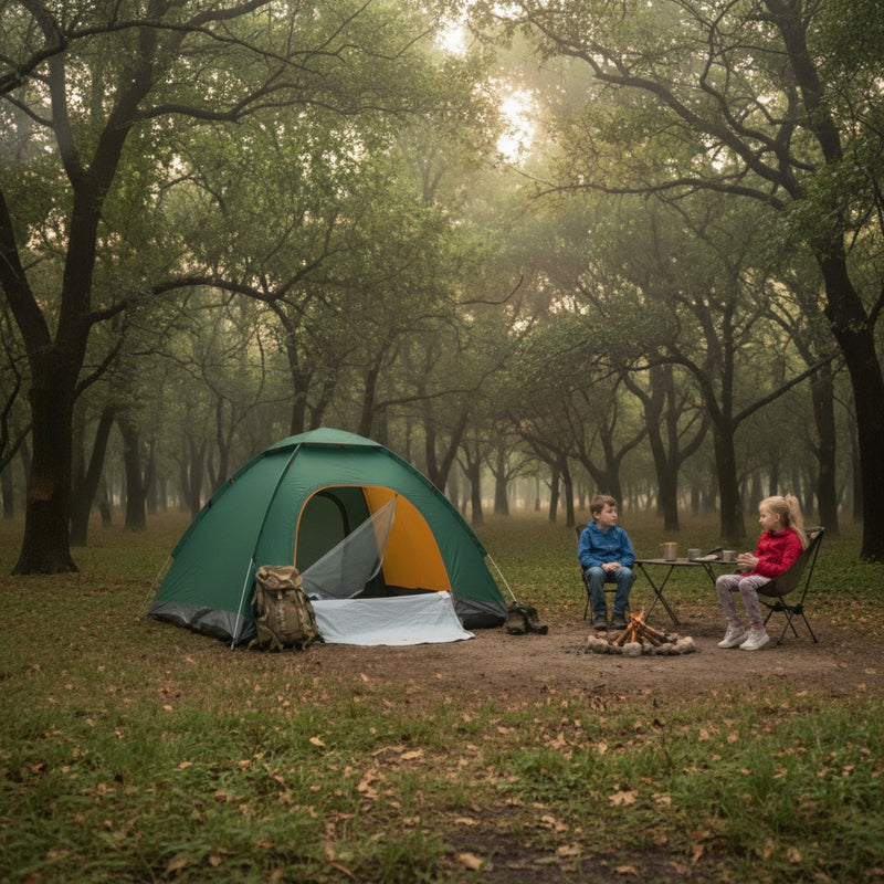 Easy-to-pitch 4-person dome camping tent featuring a lightweight fiberglass frame and breathable mesh windows at Aezoon.