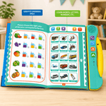 Educational book with colorful graphics and text on a wooden surface