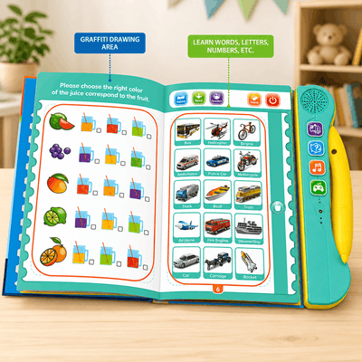 Educational book with colorful graphics and text on a wooden surface