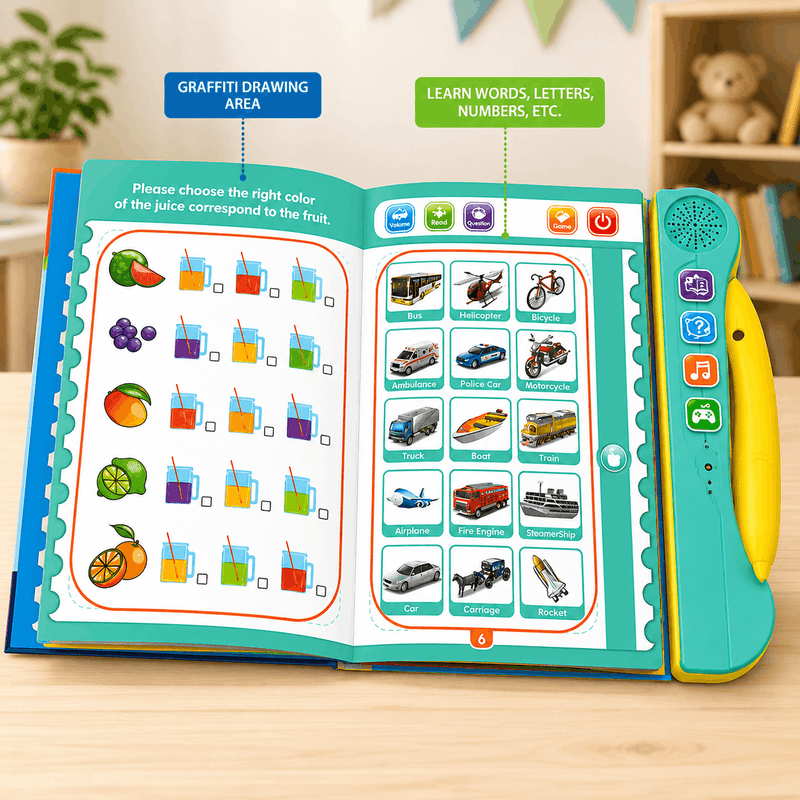 Educational book with colorful graphics and text on a wooden surface