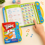 Educational toy book with alphabet and time learning features, used by a child.