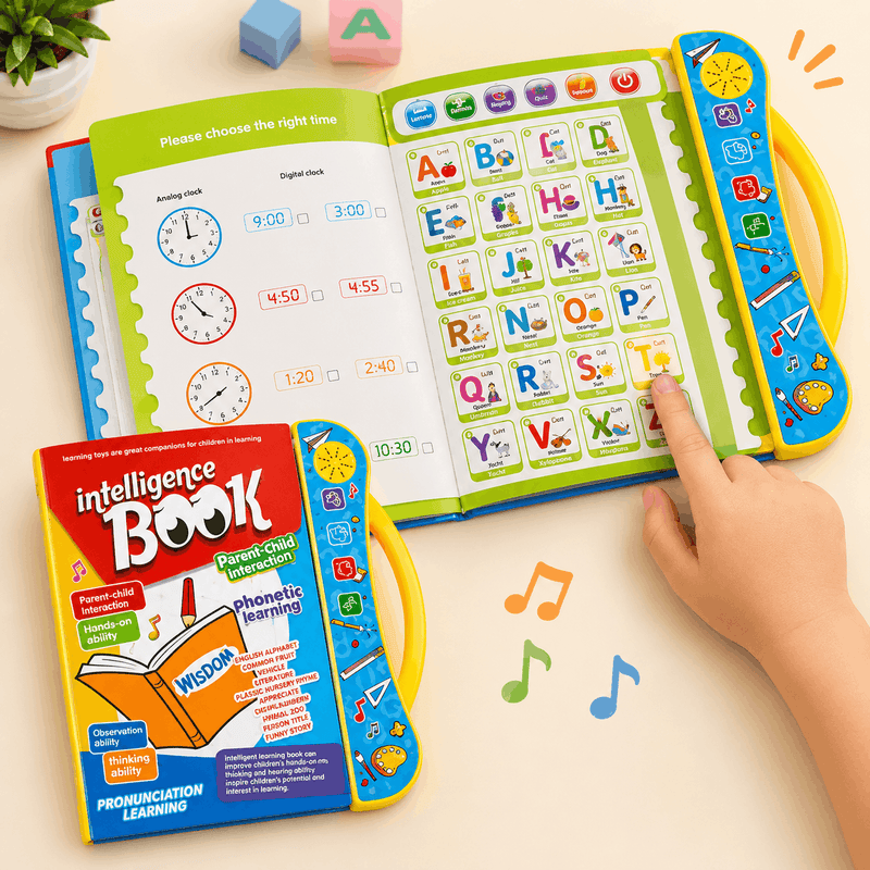 Educational toy book with alphabet and time learning features, used by a child.