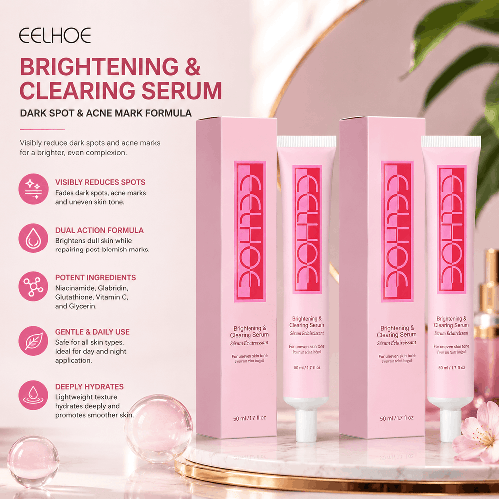 Eelhoe brightening and clearing serum with packaging on a pink background