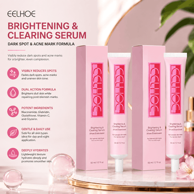 Eelhoe brightening and clearing serum with packaging on a pink background