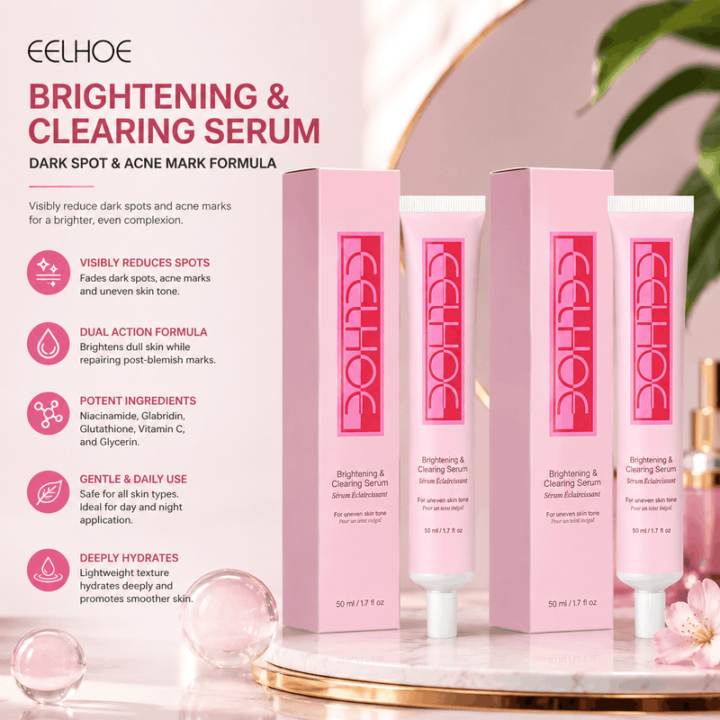 Eelhoe brightening and clearing serum with packaging on a pink background