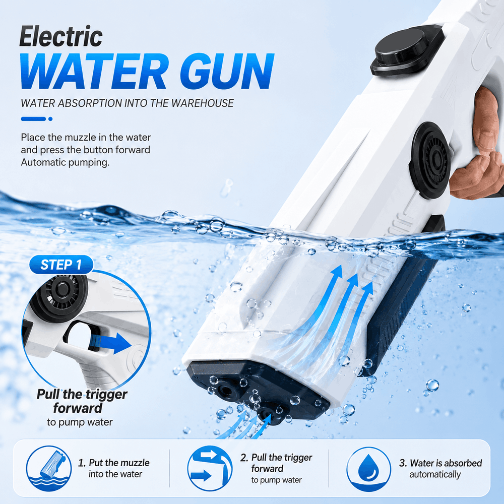 Electric water gun with instructions on how to use it, placed in water.