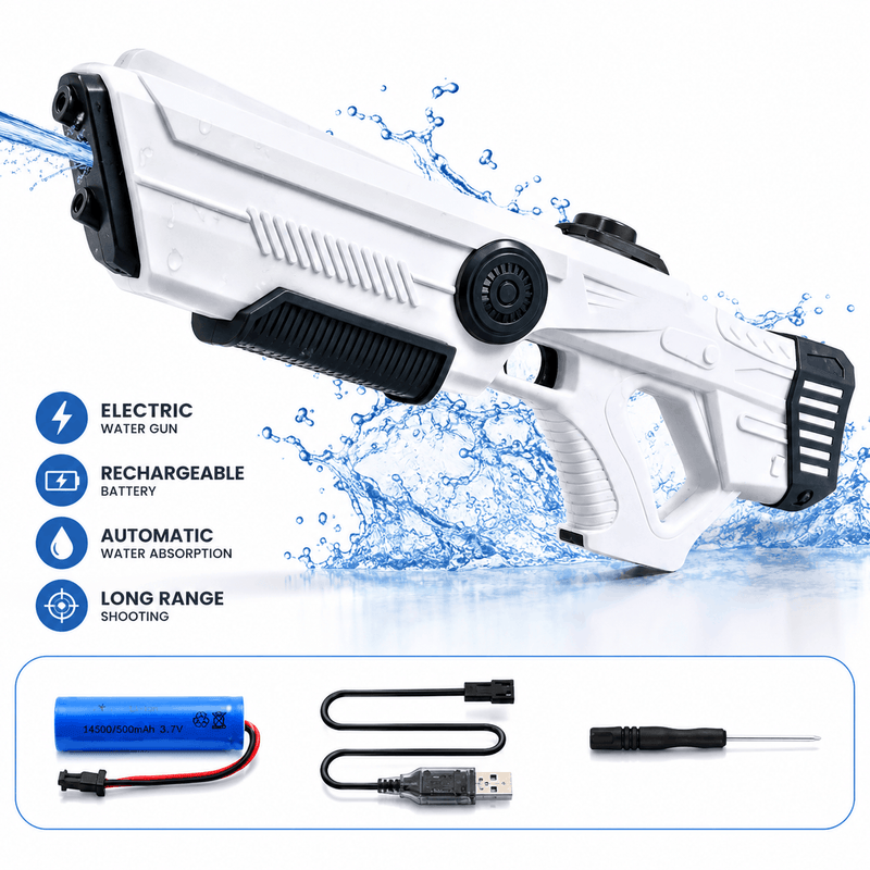 Electric water gun with rechargeable battery and accessories on a white background