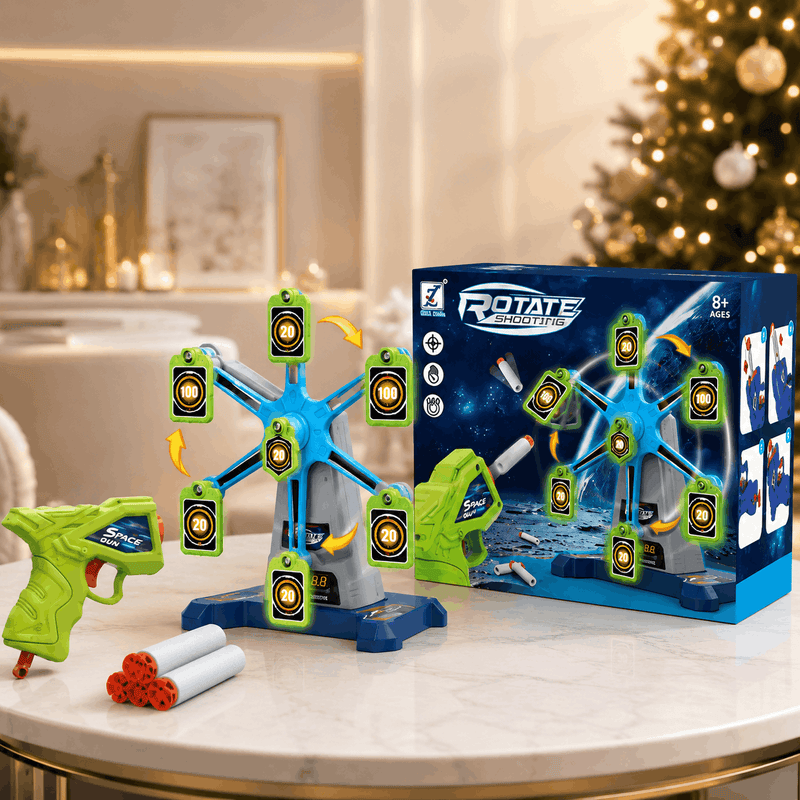 Electronic rotate shooting target game with space gun, 5 soft foam darts, and spinning glow-in-the-dark targets.