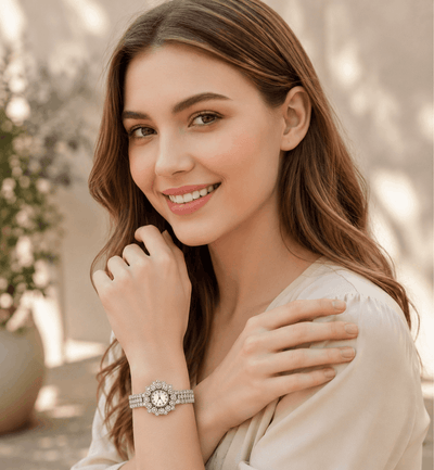 Elegant Pearl Halo gold-tone women's watch featuring a crystal-studded bezel and fully embellished bracelet strap