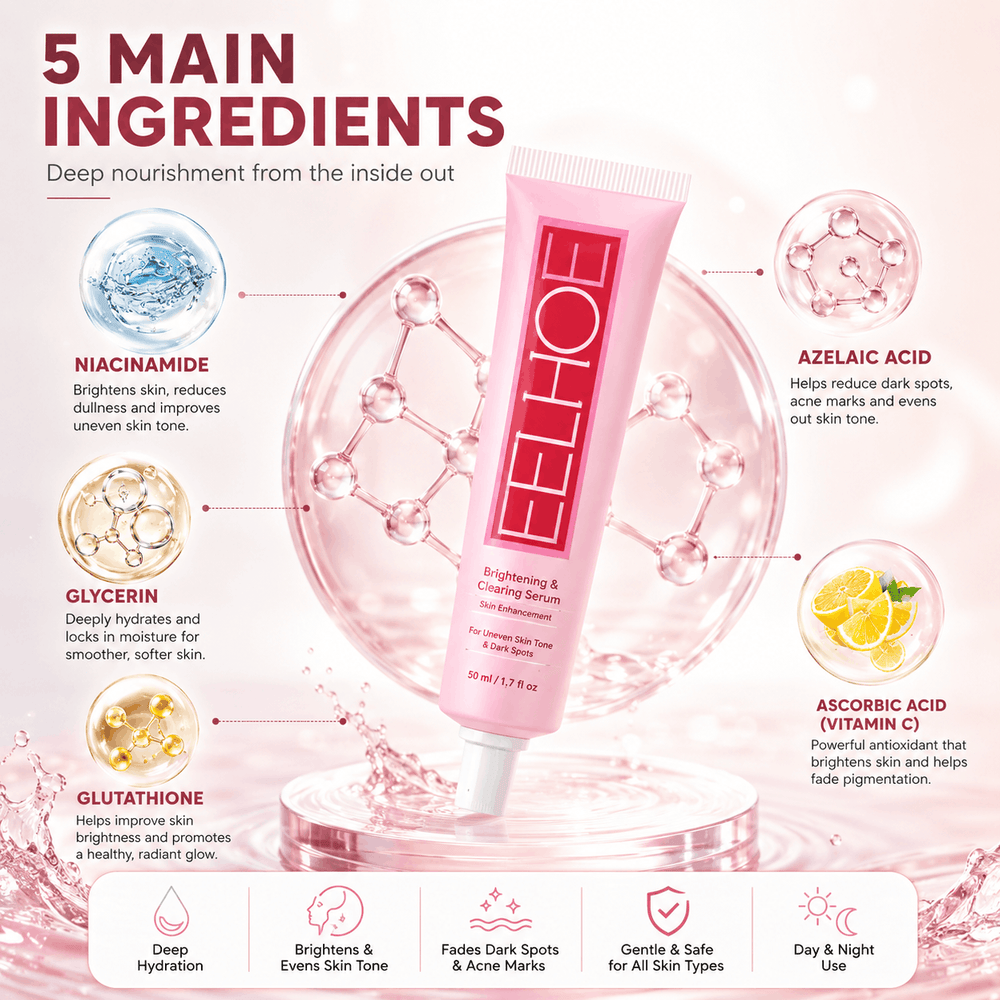Elle Hoe brightening serum with labeled ingredients on a pink background